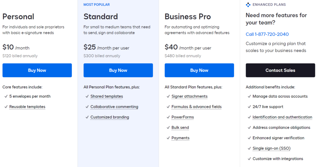 DocuSign esignature plans
