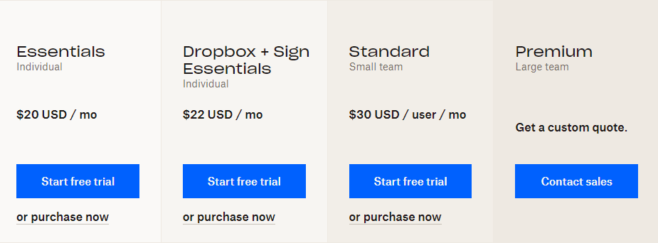 Dropbox Sign pricing plans