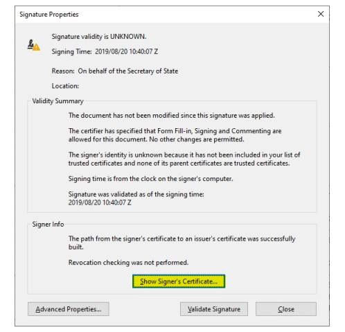Verify the Signature Certificate