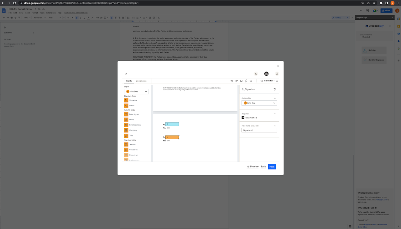 signing a google doc with add-ons