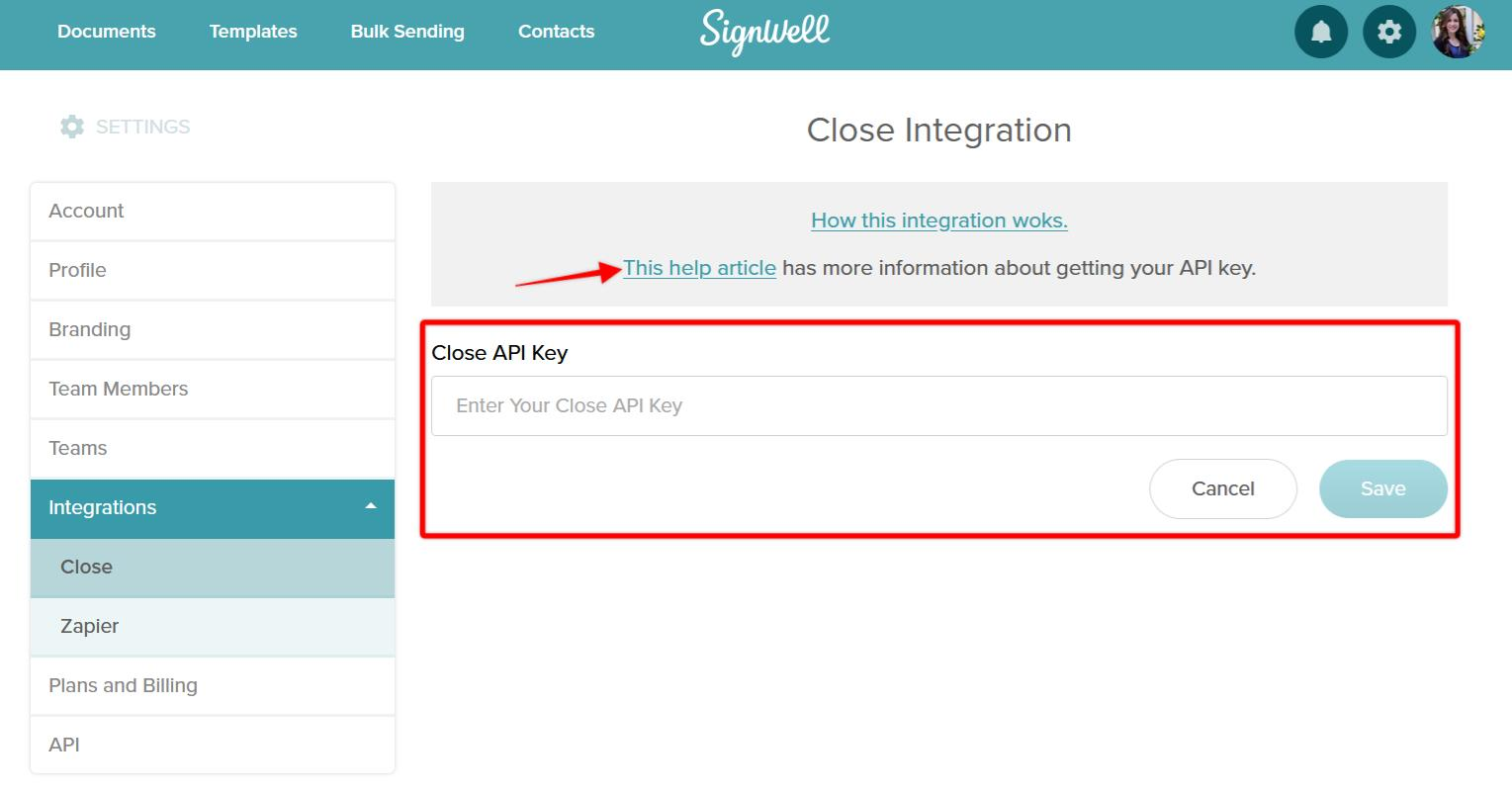 Enter Close API Key SignWell Integration