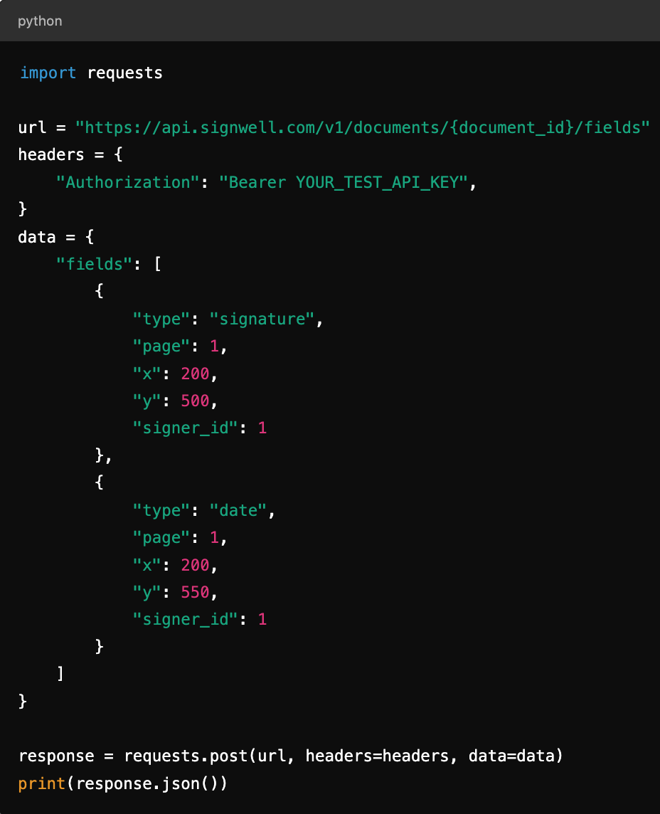 Add fields and signers to document SignWell API