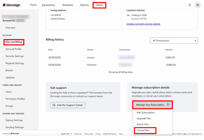 how to cancel docusign subscription